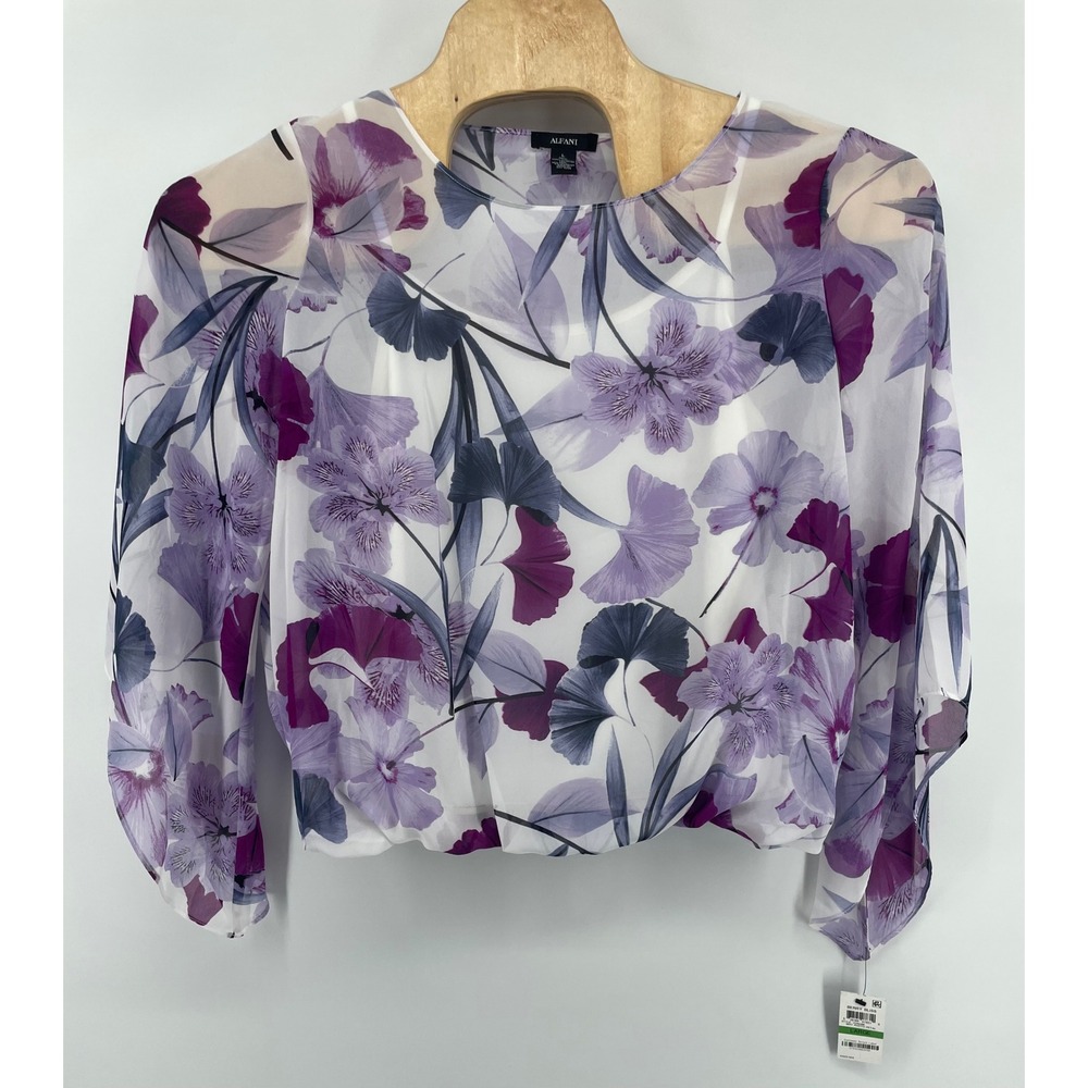 Alfani Blouse Women Lg Purple White Floral Flutter Sleeve Bubble Hem Chic NWT